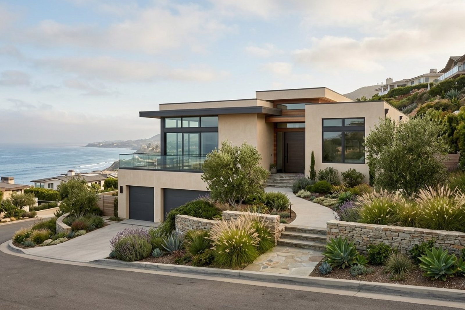 Photorealistic DSLR photograph of a modern coastal California single-family home with clean stucco exterior and large windows, situated on a hillside lot with partial ocean view in the distance, surrounded by mature landscaping and native plants under afternoon sunlight