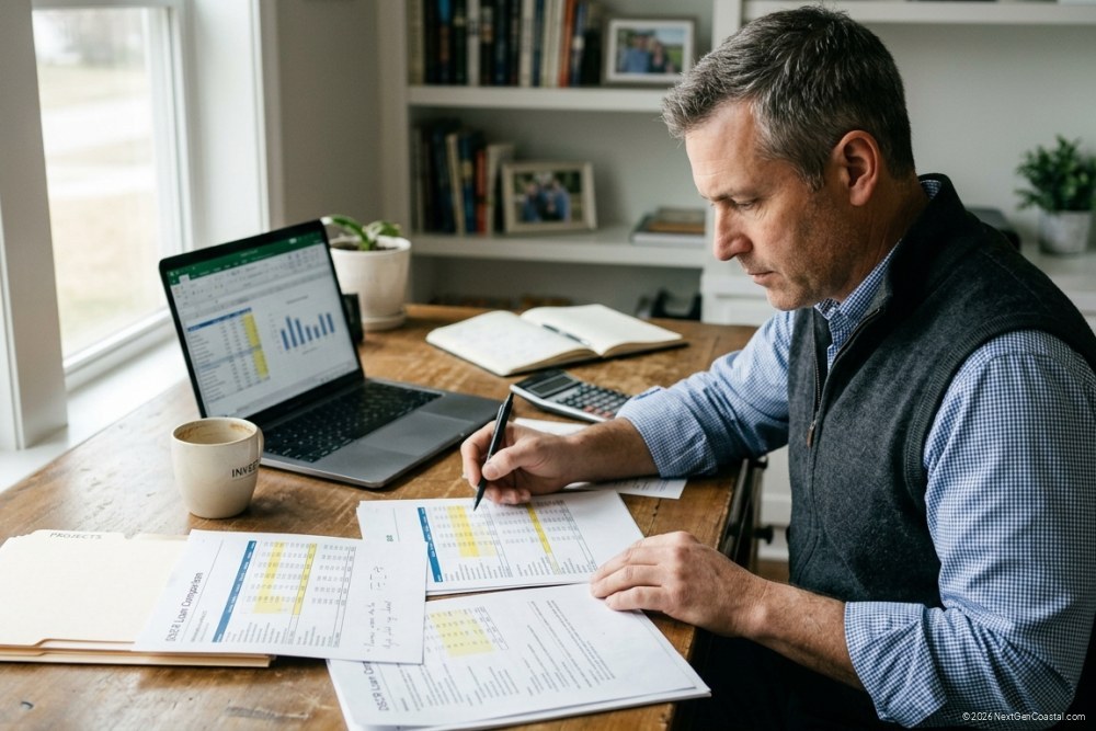 Real estate investor reviewing DSCR loan documents and rate sheets at a desk in a home office