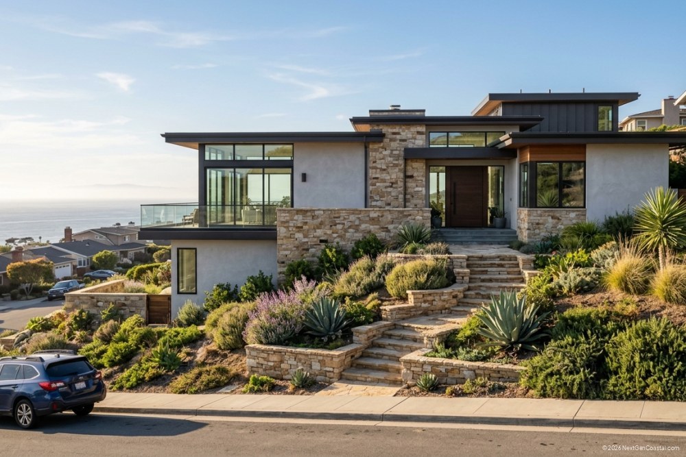 Modern hillside home with partial ocean view and native landscaping in coastal California