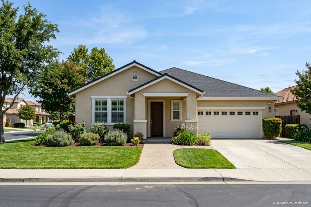 Suburban California single-family rental home with front yard and driveway in an inland residential neighborhood