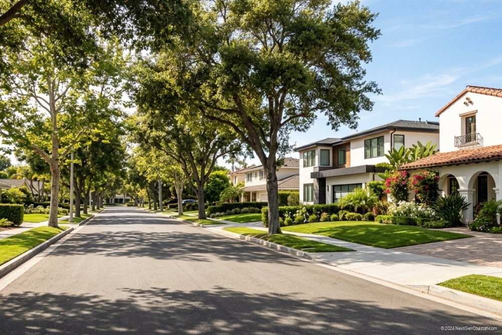 Tree-lined residential street in an Orange County coastal neighborhood with single-family homes and mature landscaping