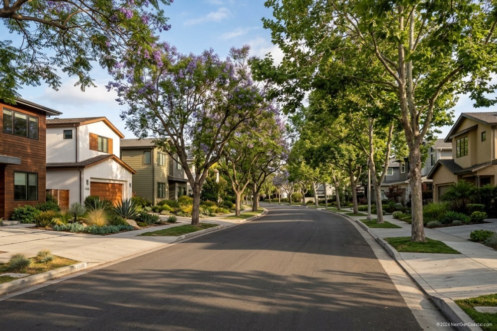 Tree-lined suburban street in coastal California with modern single-family homes, driveways, no people, late afternoon light