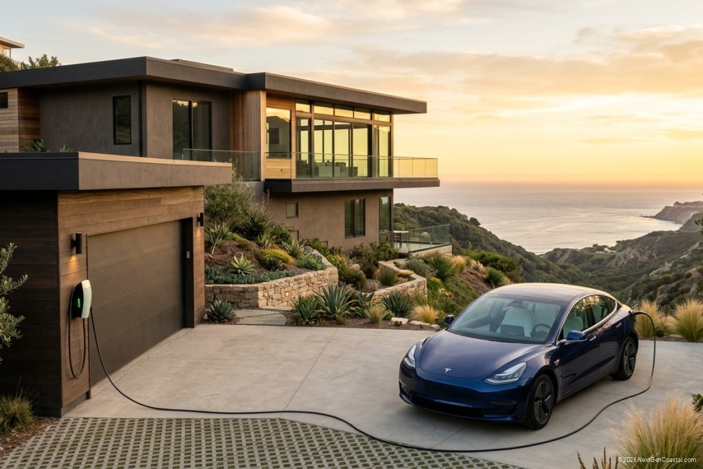 Contemporary coastal California hillside home with Level 2 EV charger visible on garage exterior, electric vehicle in driveway, ocean view in distance