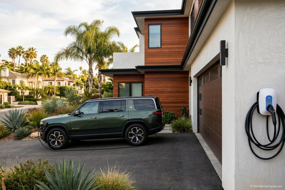 Level 2 EV charger mounted on garage wall of coastal California single-family rental home, modern architecture, driveway with electric vehicle