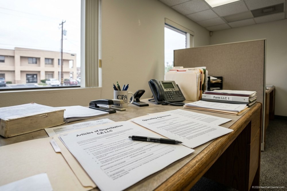 Photorealistic DSLR photograph of California LLC formation documents on a desk in a modern office, Articles of Organization and Operating Agreement visible, no people, natural window light