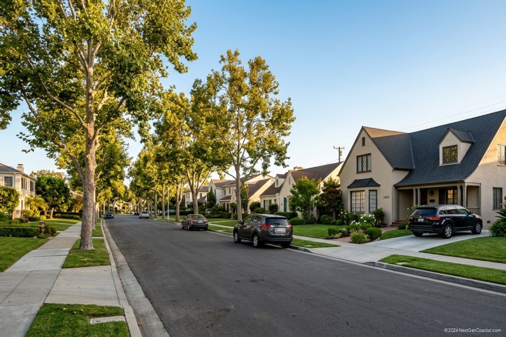 Photorealistic DSLR photograph of a quiet California residential street in a suburban neighborhood, single-family homes with driveways, no ocean visible, late afternoon light, no people