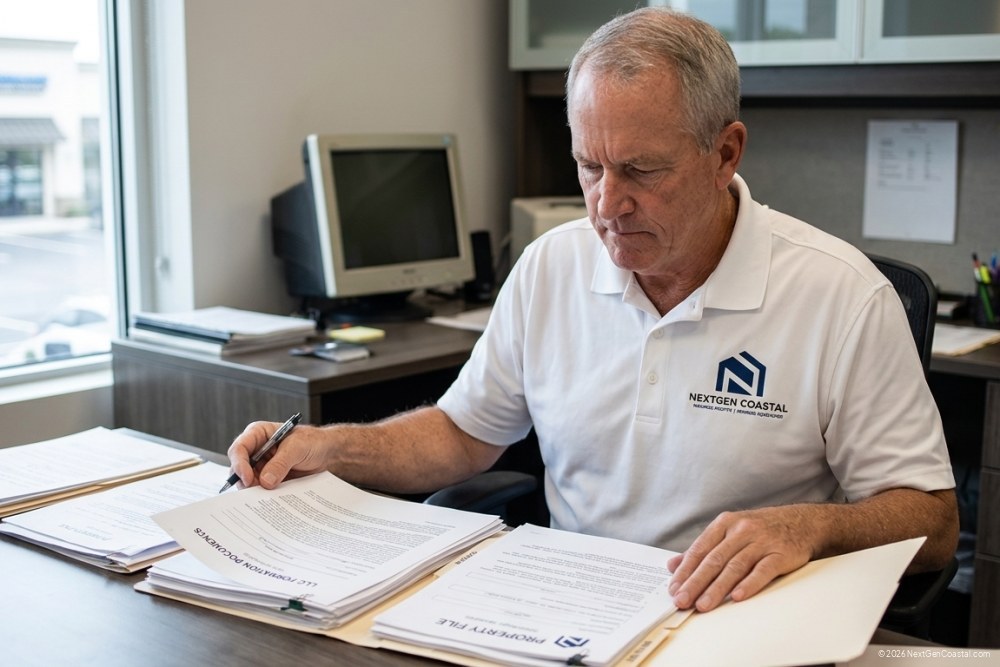 Photorealistic candid DSLR photograph of a NextGen Coastal property manager in a white collared polo with logo on left chest, seated at a desk reviewing LLC formation documents and property files, mid-task, natural office lighting, focused expression, not looking at camera