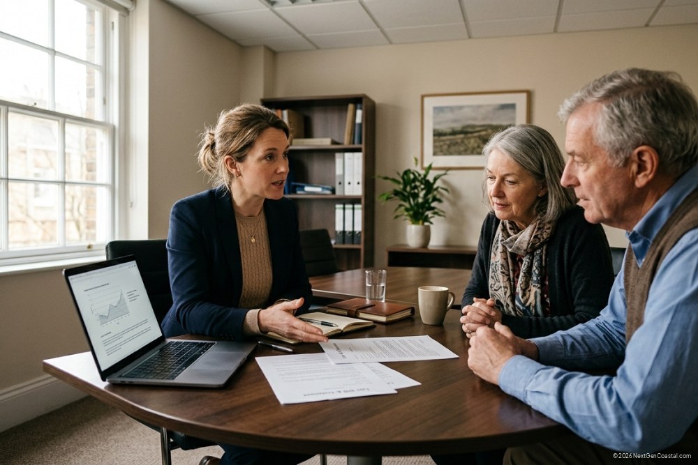 Photorealistic DSLR photograph of a conference room with an estate attorney and clients reviewing documents, warm natural light from a window