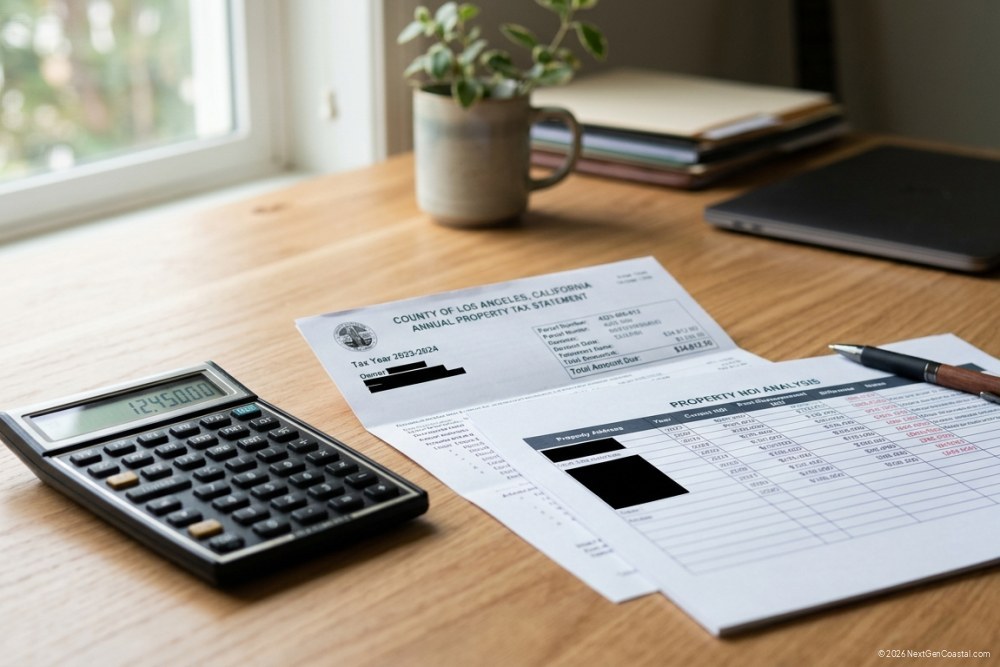 Photorealistic DSLR photograph of a desk with a financial calculator, property tax statement, and spreadsheet showing before-and-after NOI projections