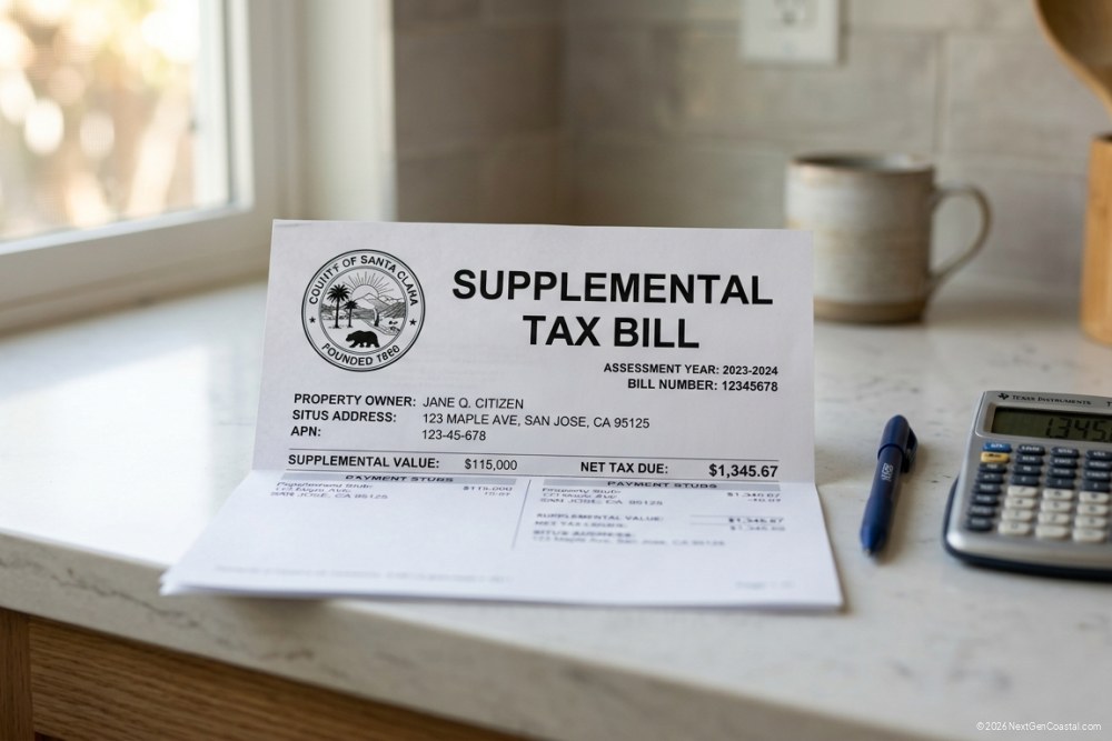 Photorealistic DSLR photograph of a California property tax bill on a kitchen counter with a pen and calculator