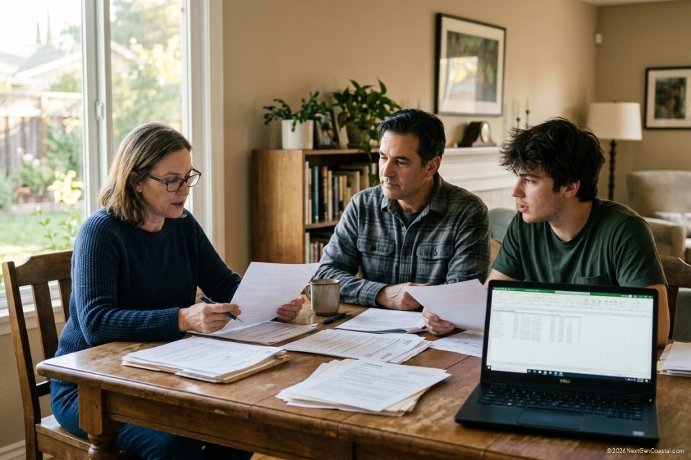 Photorealistic DSLR photograph of a California suburban living room with a family reviewing estate documents at a dining table