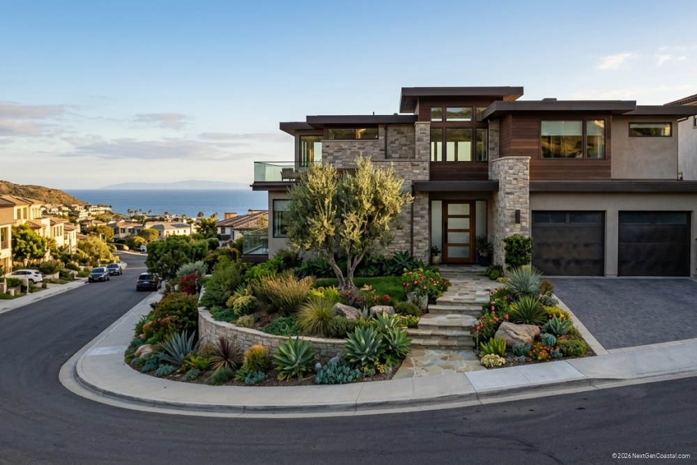 Photorealistic DSLR photograph of a modern single-family home on a hillside street in coastal Orange County with a distant partial ocean view, mature landscaping, and a two-car garage, captured in late afternoon light with no visible shoreline