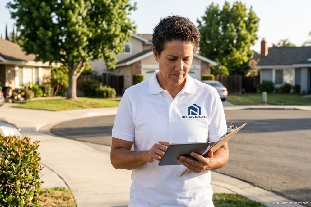 Photorealistic DSLR photograph of a quiet residential cul-de-sac in an Orange County inland suburb with single-family homes, mature trees, and a property manager in a white NextGen Coastal polo shirt walking the sidewalk with a clipboard and tablet, captured in natural morning light