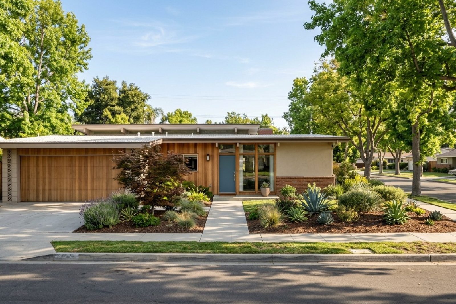 Photorealistic DSLR photograph of a mid-century modern single-family rental home on a tree-lined residential street in coastal Orange County, California, with mature landscaping and a two-car garage, captured in soft afternoon light with no visible ocean