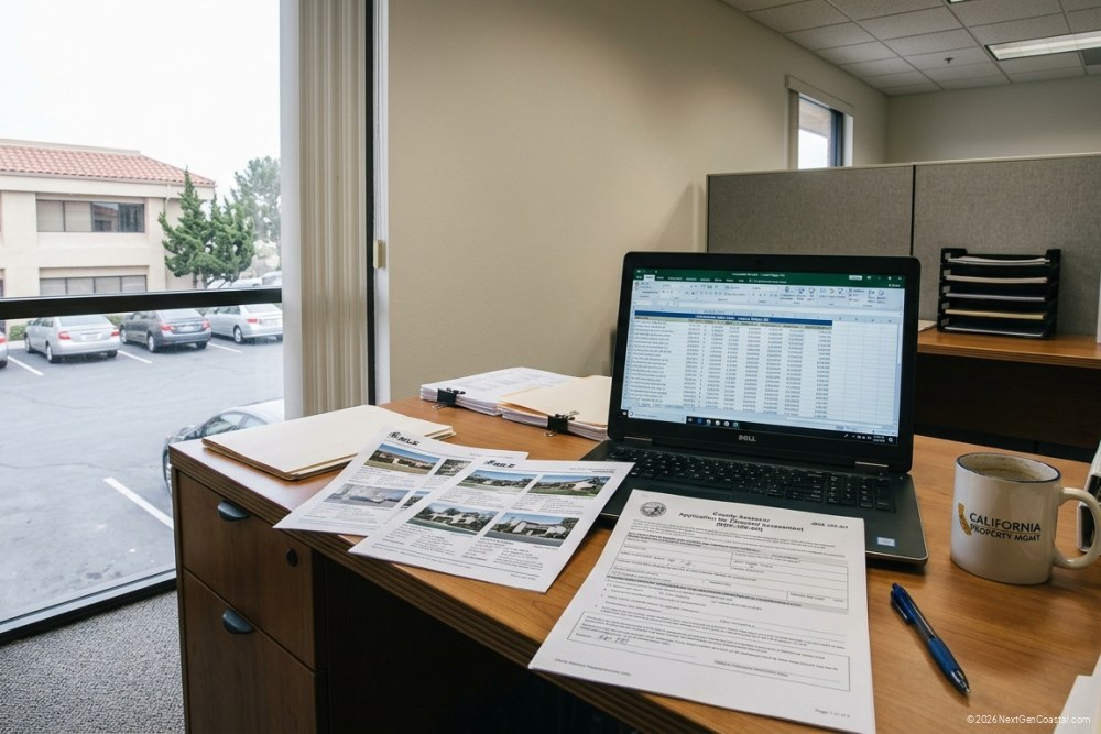 Photorealistic DSLR photograph of a desk in a coastal California property management office with a laptop displaying comparable sales data, printed MLS sheets, a county assessor form, and a coffee mug, captured in natural window light with no person visible
