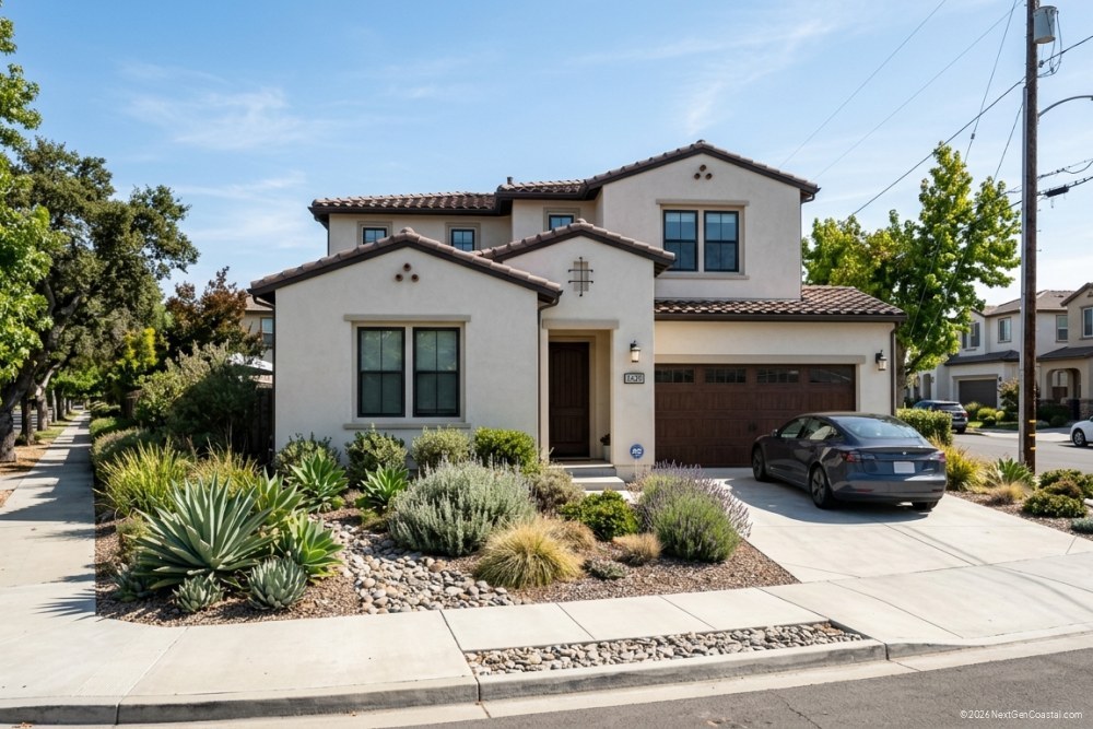 Photorealistic DSLR photograph of a well-maintained coastal California single-family rental home in a suburban neighborhood, mid-afternoon light, no ocean visible, modern architecture with drought-tolerant landscaping, residential street context