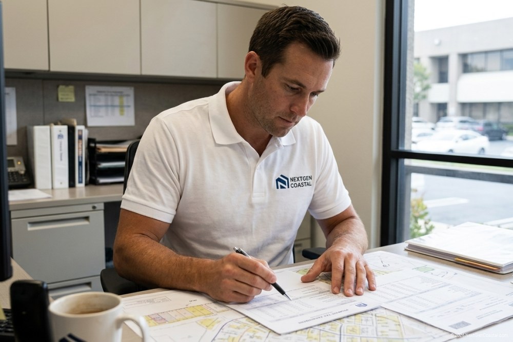 Photorealistic DSLR photograph of a NextGen Coastal property manager in a white polo with logo on left chest, mid-task reviewing property tax assessment documents at a desk in a modern Orange County office, natural window light, candid angle, focused expression