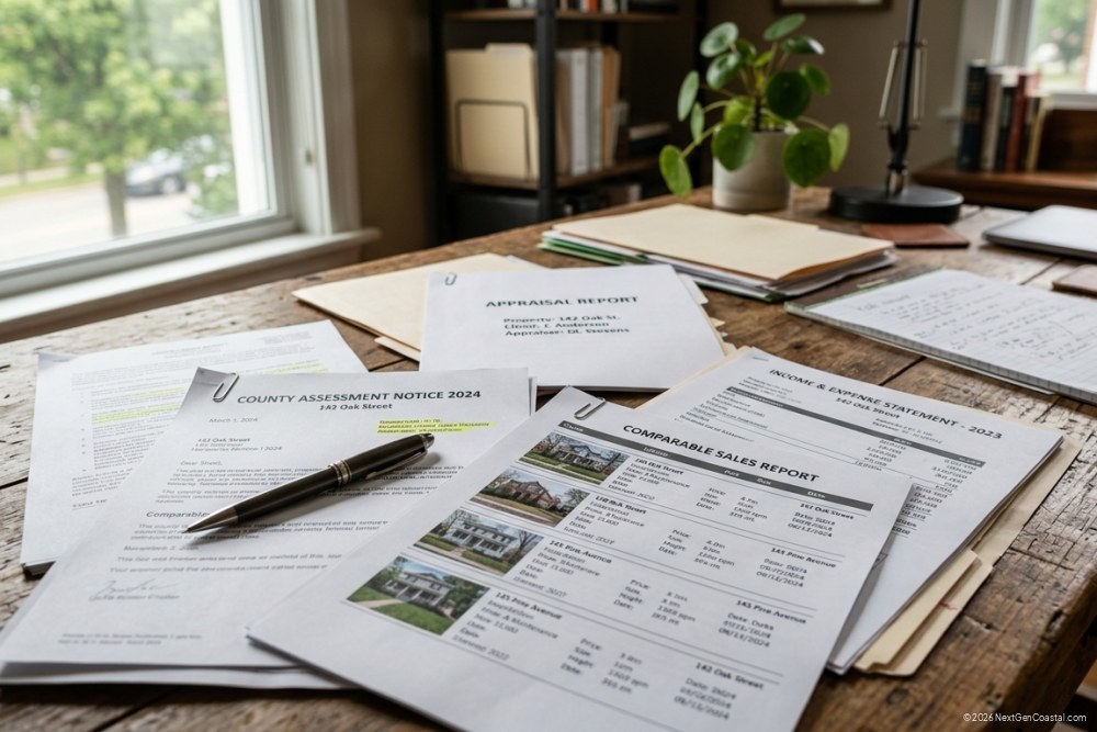 Photorealistic DSLR photograph of property tax appeal documents spread on a desk, including assessment notices, comparable sales reports, and income statements, natural office lighting, shallow depth of field, professional workspace context