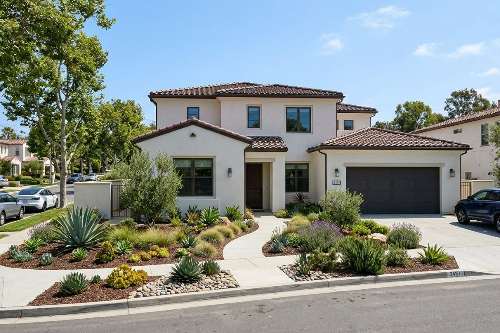 Photorealistic DSLR photograph of a modern coastal California single-family rental home on a tree-lined residential street in Orange County, mid-morning natural light, no ocean visible, clean stucco exterior with tile roof, manicured front yard, suburban neighborhood context
