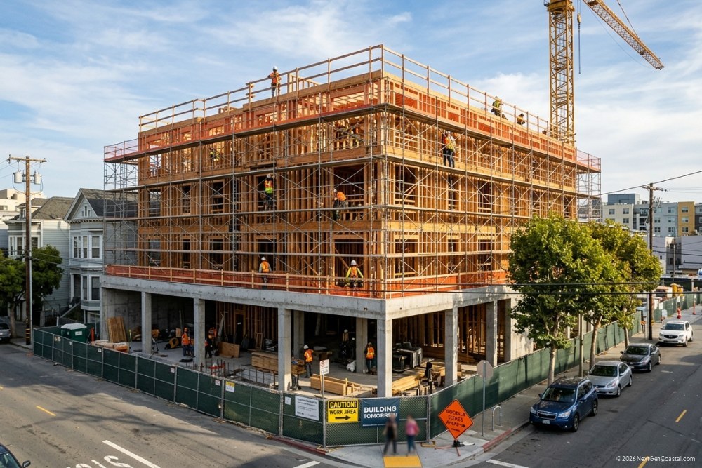 Photorealistic DSLR photograph of a mixed-use residential building under construction in an urban California neighborhood, mid-rise wood-frame structure with ground-floor concrete podium, construction crane in background, scaffolding on upper floors, orange safety netting, workers in hard hats and high-visibility vests on site, street-level view with construction fencing and sidewalk detour signs, afternoon light, parked cars and mature street trees along the block, no visible ocean, natural color grading