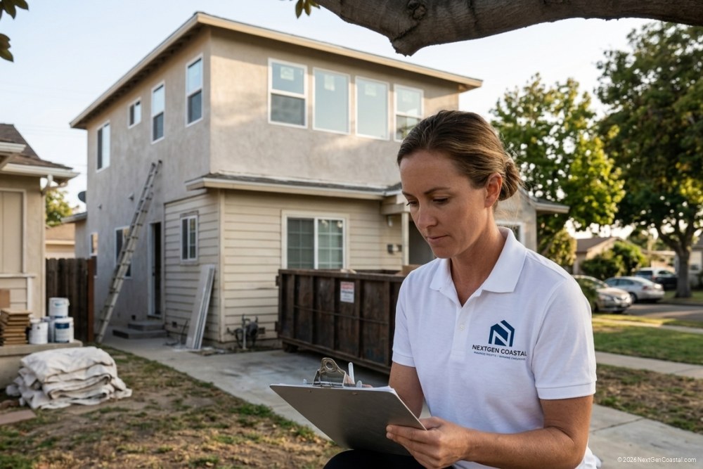 Photorealistic DSLR photograph of a residential property mid-renovation in a California neighborhood, two-story stucco building with new windows installed on the upper floor, ground floor still showing original siding, construction dumpster in the driveway, ladder leaning against the side wall, paint cans and drop cloths on the front porch, NextGen Coastal employee in white short-sleeved polo with logo on left chest crouched near the front steps reviewing a clipboard, shot from a candid three-quarter angle, employee