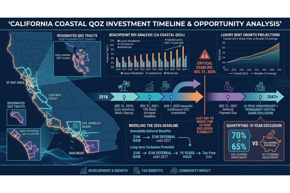 Clean technical illustration of the Qualified Opportunity Zone investment timeline, horizontal flowchart with labeled milestones, left to right: 
