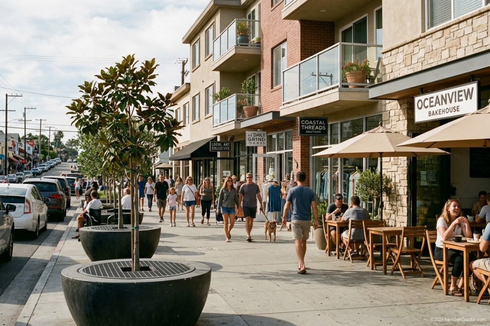 Photorealistic DSLR photograph of a revitalized urban street in coastal California, ground-floor retail with outdoor cafe seating, pedestrians walking on wide sidewalks, young street trees in planters, two-story mixed-use buildings with residential units above, parked cars along the curb, afternoon sunlight, modern storefront signage, no visible ocean, natural color grading, shot from street level at a slight angle