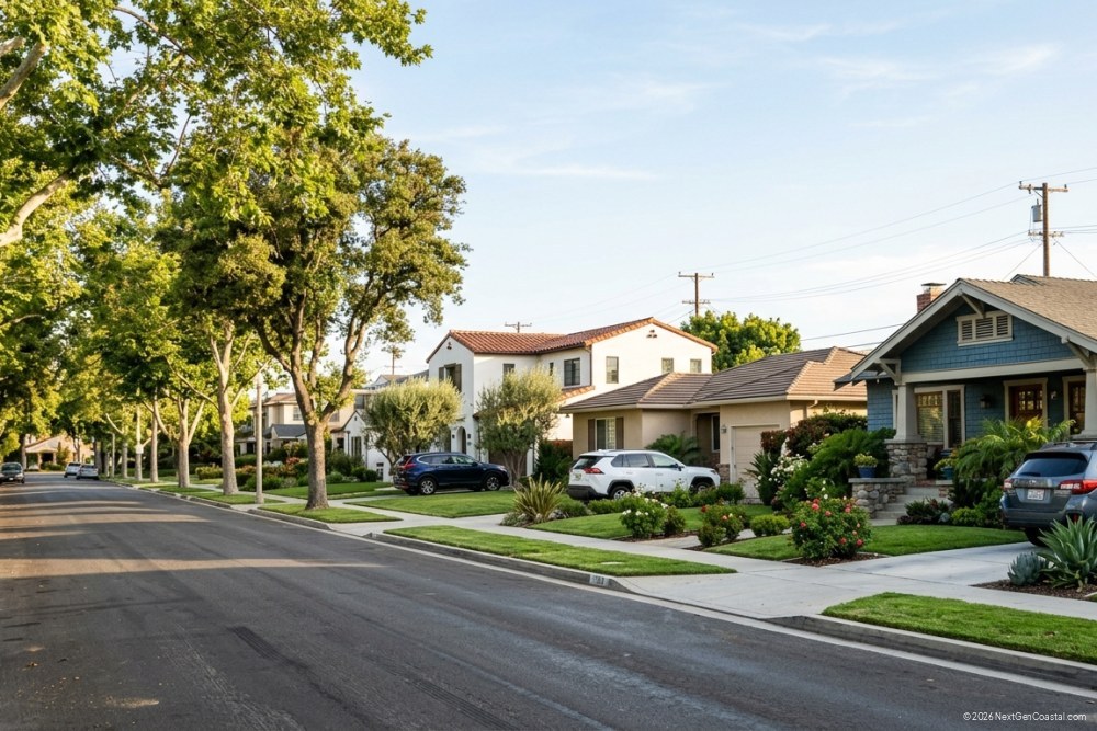 Suburban California residential street with well-maintained single-family homes and tree-lined sidewalk