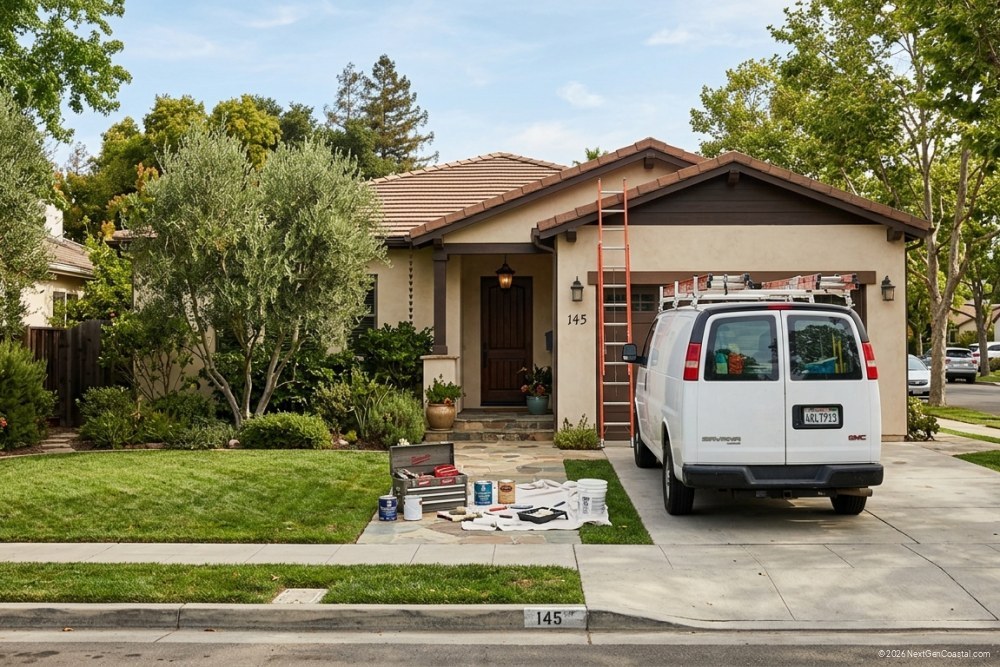 Residential property exterior with contractor van parked in driveway and maintenance equipment visible