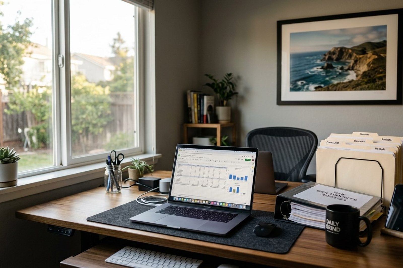 Photorealistic DSLR photograph of a modern suburban California home office with organized tax documents, laptop displaying spreadsheet, and filing system on desk