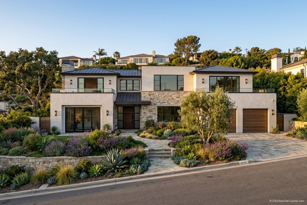 Photorealistic DSLR photograph of a luxury hillside home in coastal California, modern architecture, landscaped yard, no ocean visible, warm late-afternoon light, no people