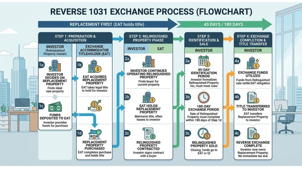 Clean technical illustration showing reverse 1031 exchange flow with labeled boxes and arrows
