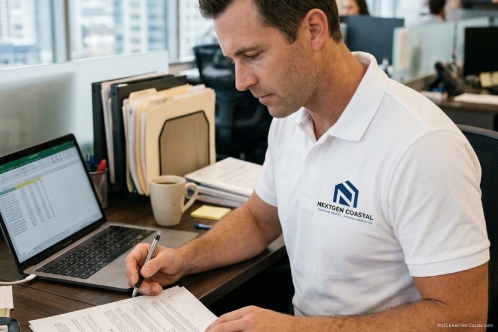 Photorealistic DSLR photograph of a NextGen Coastal employee in a white polo shirt with logo, seated at a desk reviewing paperwork, mid-task, natural office lighting, candid angle, no beach visible