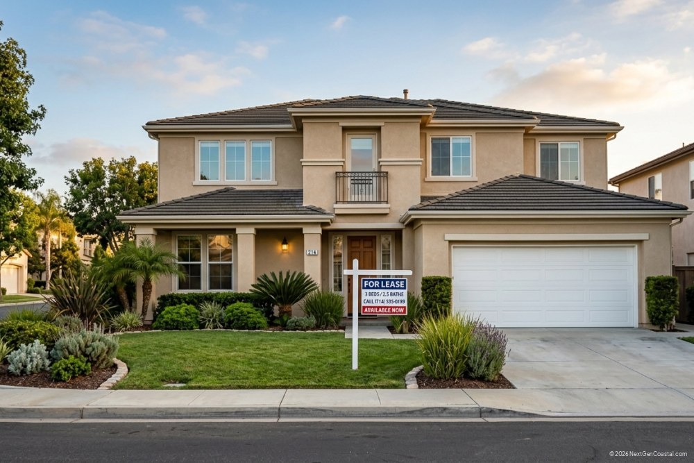 Single-family rental with a For Lease sign in a coastal Orange County neighborhood