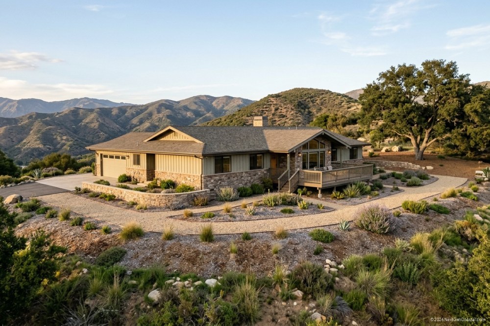 Single-family hillside home with cleared defensible space and native landscaping in Southern California