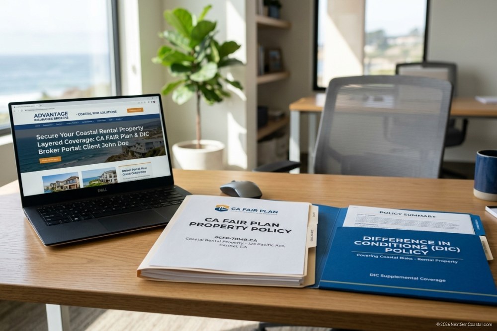 CA FAIR Plan policy documents and supplemental insurance paperwork on a desk with laptop