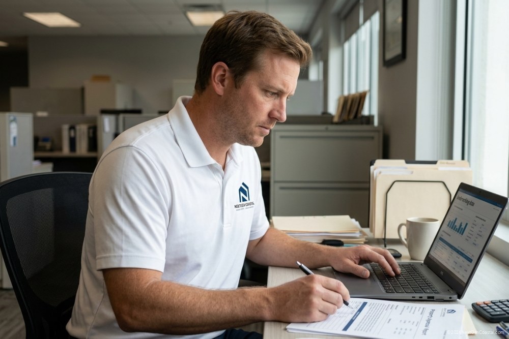 Insurance broker reviewing property file and replacement-cost appraisal at desk