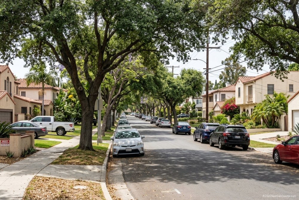 Tree-lined suburban street with single-family rental homes in inland Southern California