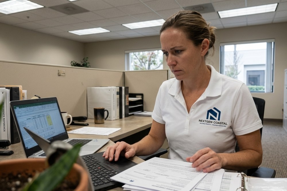 NextGen Coastal property manager at a desk reviewing insurance application documents and carrier comparison spreadsheet on a laptop screen
