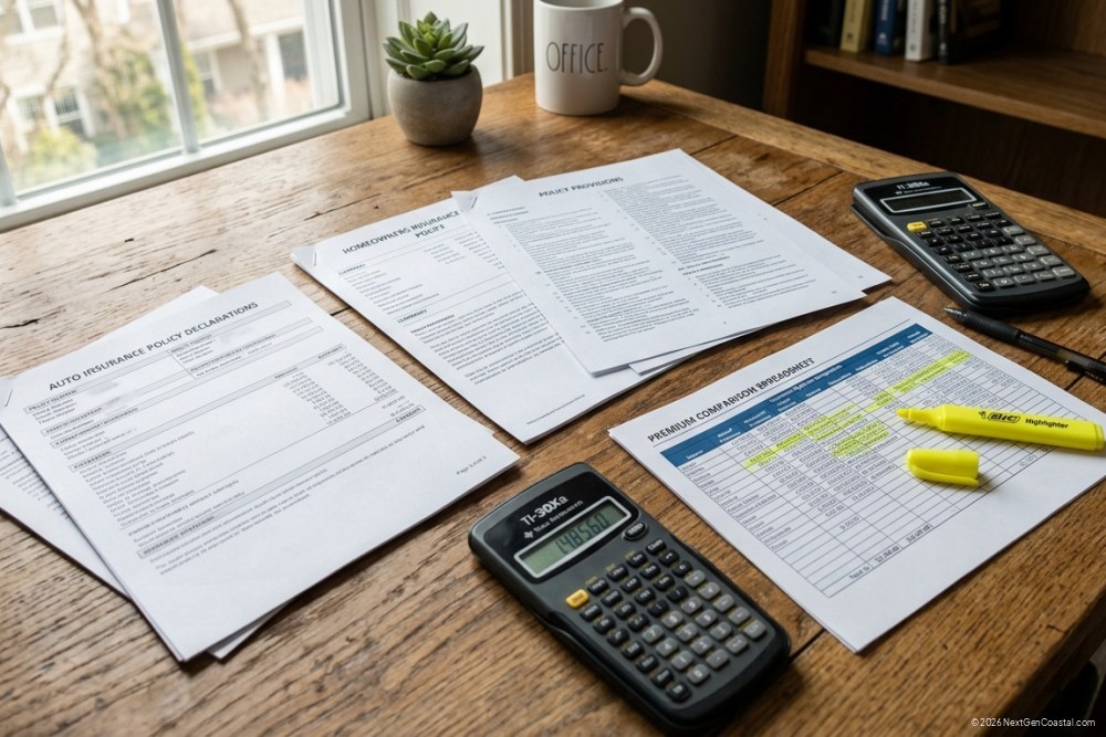 Insurance policy documents, dec pages, and premium comparison spreadsheet laid out on a desk with a calculator and highlighter