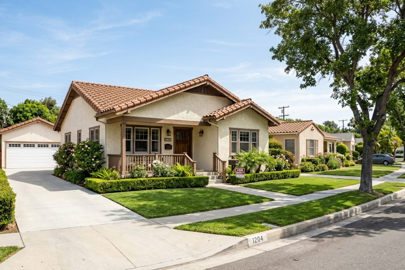 Photorealistic DSLR photograph of a well-maintained 1960s single-family rental home on a tree-lined residential street in coastal Orange County, California, mid-morning natural light, craftsman-style architecture with stucco exterior and tile roof, mature landscaping, no visible ocean, suburban neighborhood setting, no people