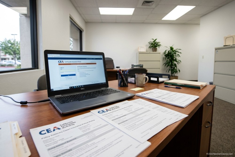 Photorealistic DSLR photograph of CEA earthquake insurance policy documents and a laptop on a wooden desk in a bright coastal California property management office, natural window light, no people