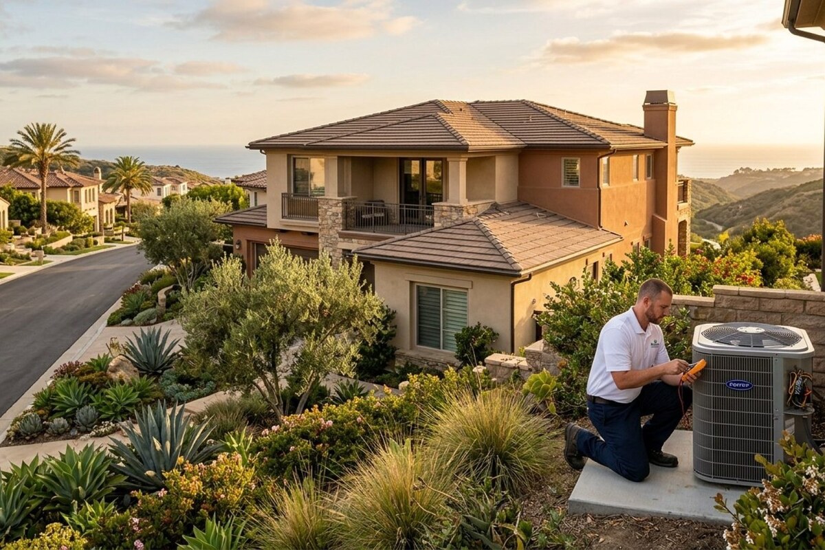 Modern two-story luxury home with stucco exterior and tile roof in an Orange County hillside neighborhood