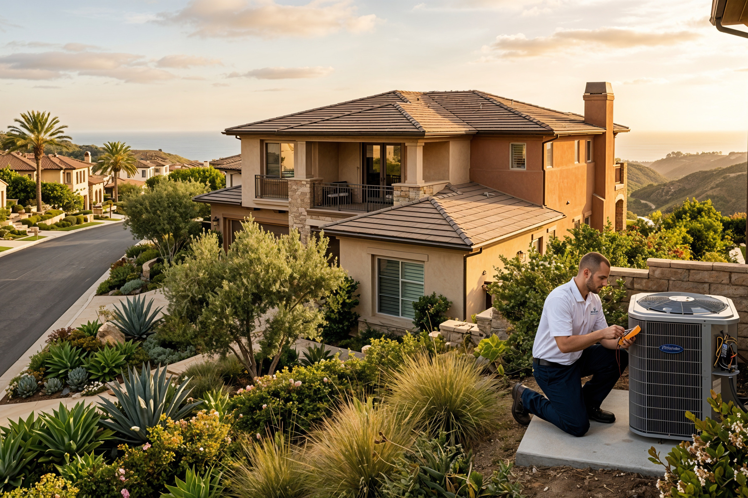 Modern two-story luxury home with stucco exterior and tile roof in an Orange County hillside neighborhood