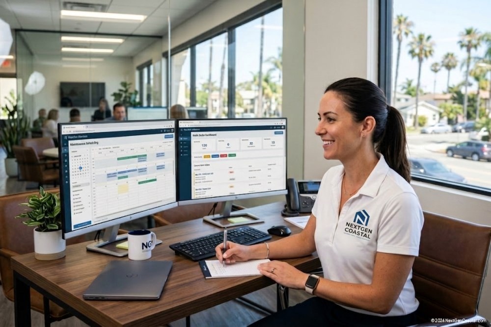 NextGen Coastal property manager in white polo reviewing digital maintenance schedule on dual monitors in modern Costa Mesa