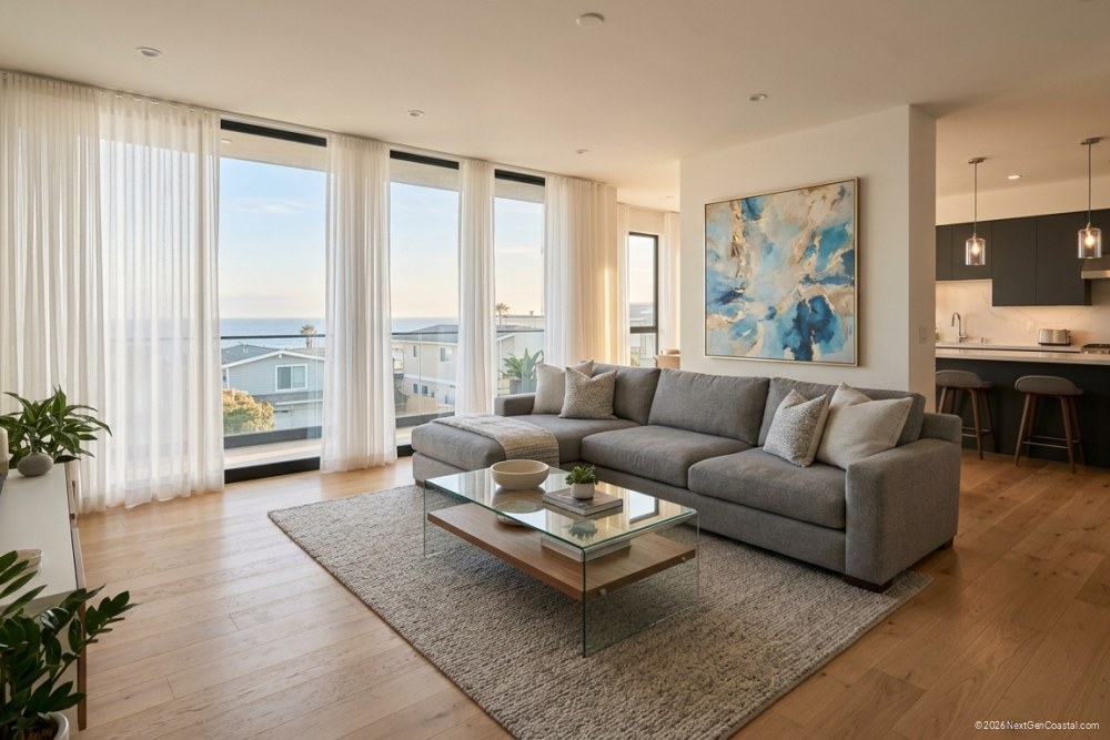 Interior of a modern two-bedroom luxury condo in Manhattan Beach with floor-to-ceiling windows, contemporary furnishings