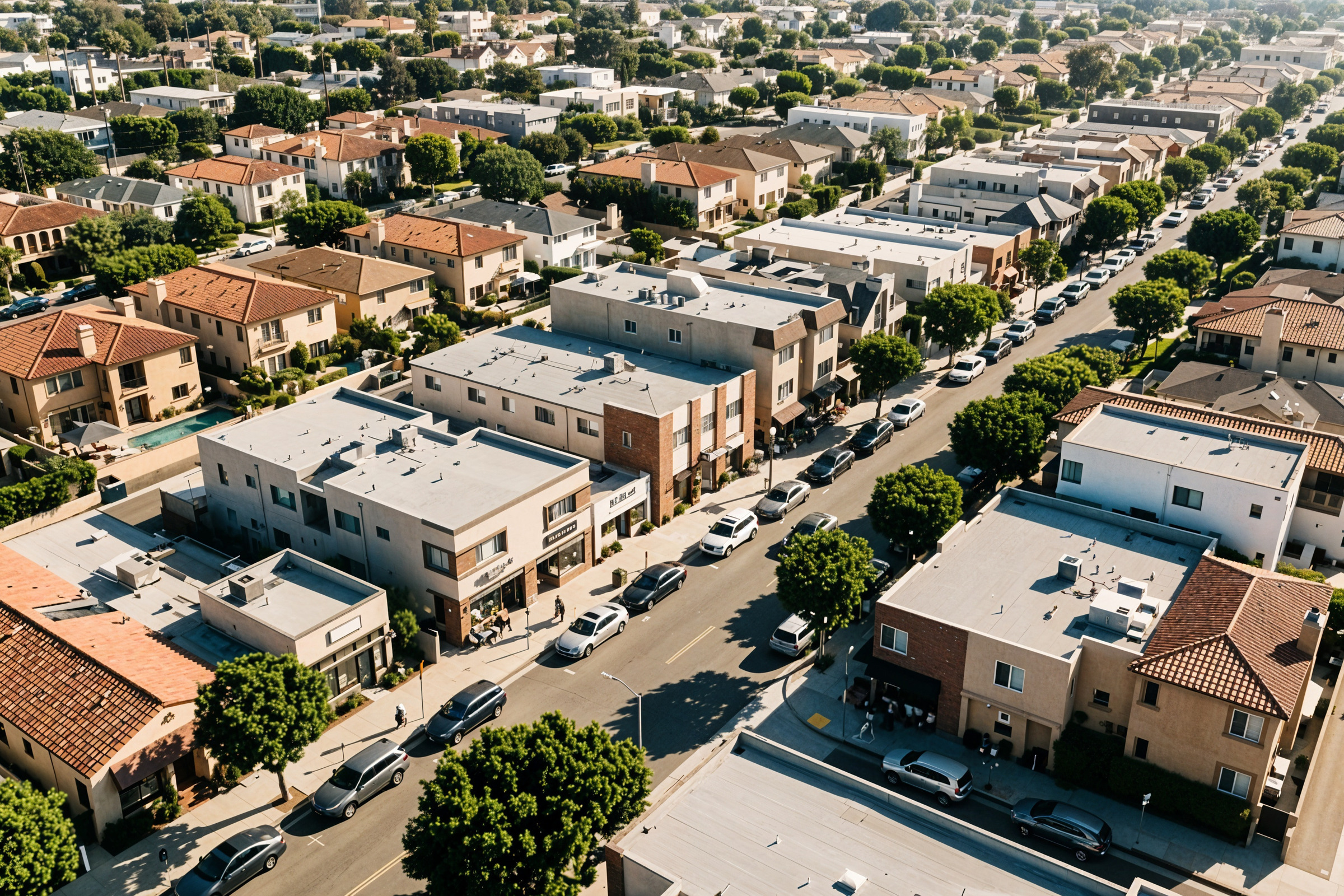 Manhattan Beach neighborhood of single-family homes and low-rise mixed-use buildings