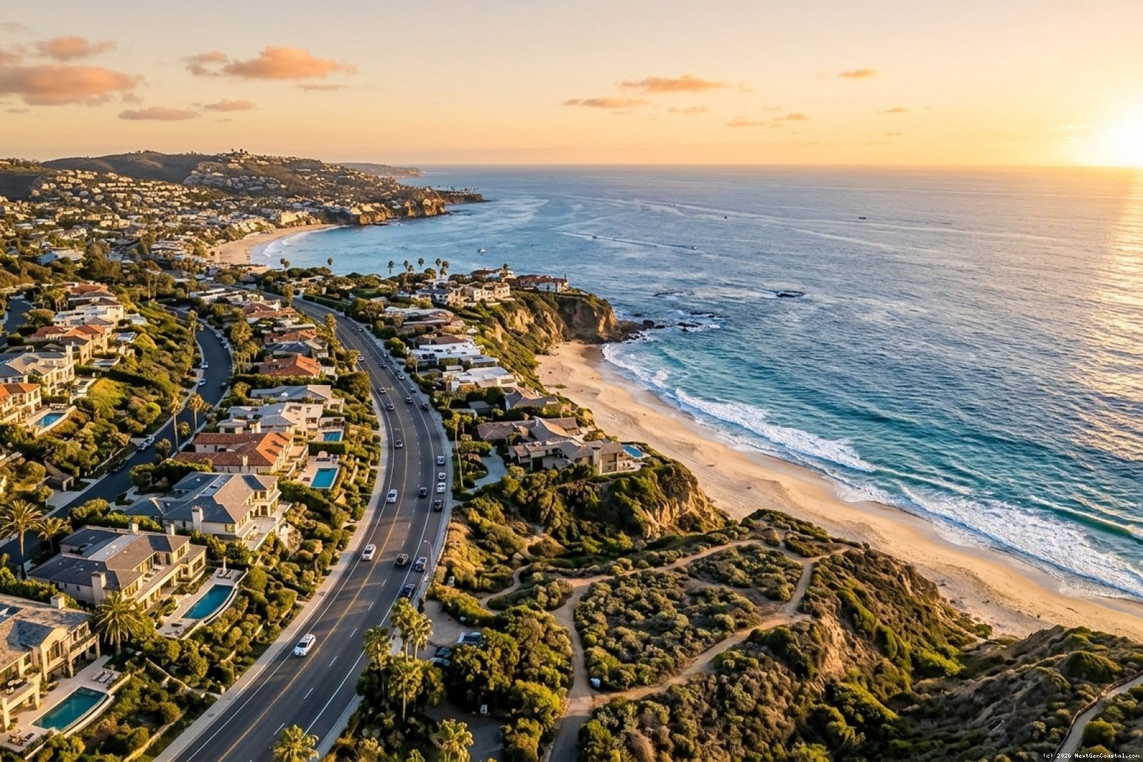Aerial view of Orange County coastline showing luxury beachfront properties along Pacific Coast Highway with ocean waves and sandy beaches