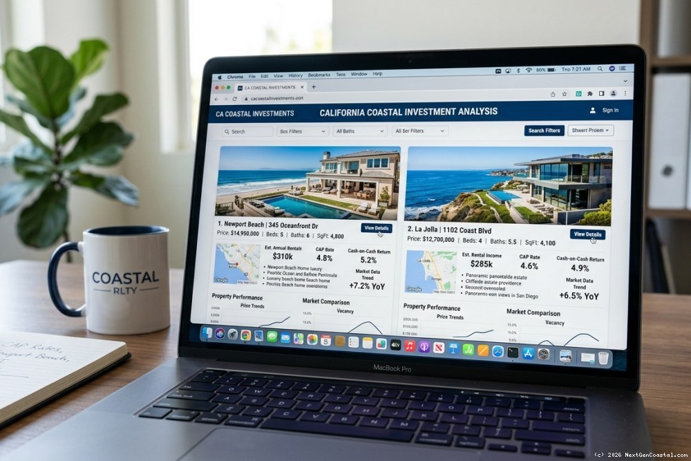 Laptop displaying multiple coastal California property listings with ocean view homes and market analysis data