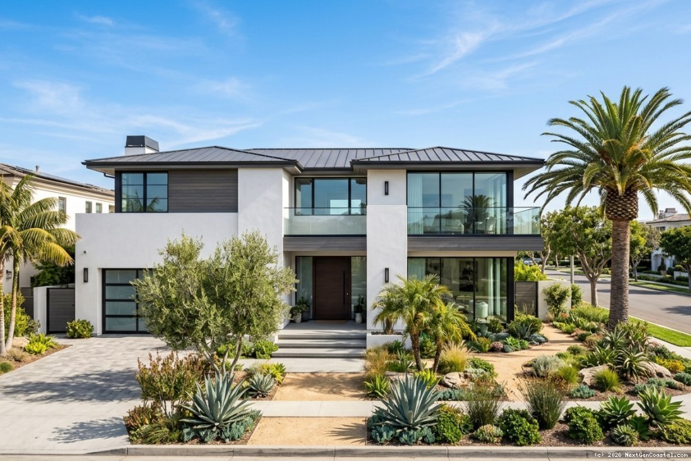 Luxury single-family home exterior in Newport Beach with modern architecture and coastal landscaping